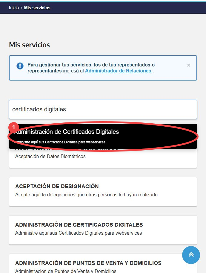 Buscador de Mis servicios con el resultado Administración de Certificados Digitales