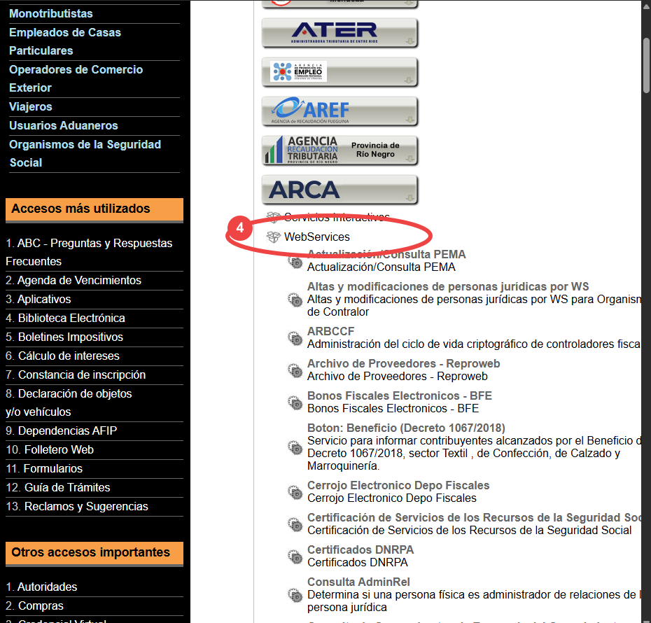Administrador de Relaciones con ARCA y WebServices marcados