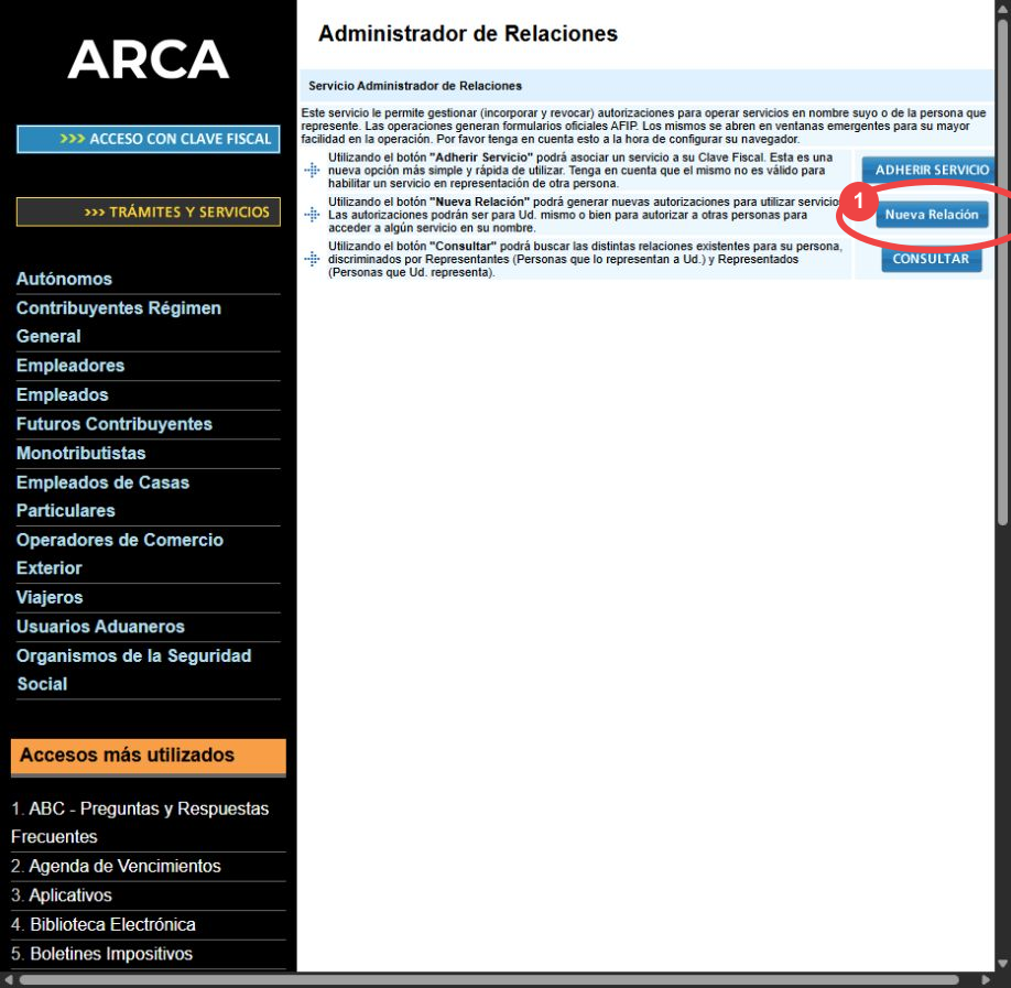 Administrador de Relaciones con el botón Nueva Relación marcado