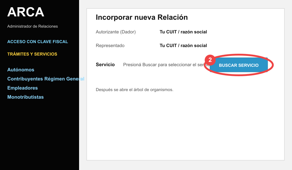 Formulario de nueva relación con el botón Buscar Servicio marcado