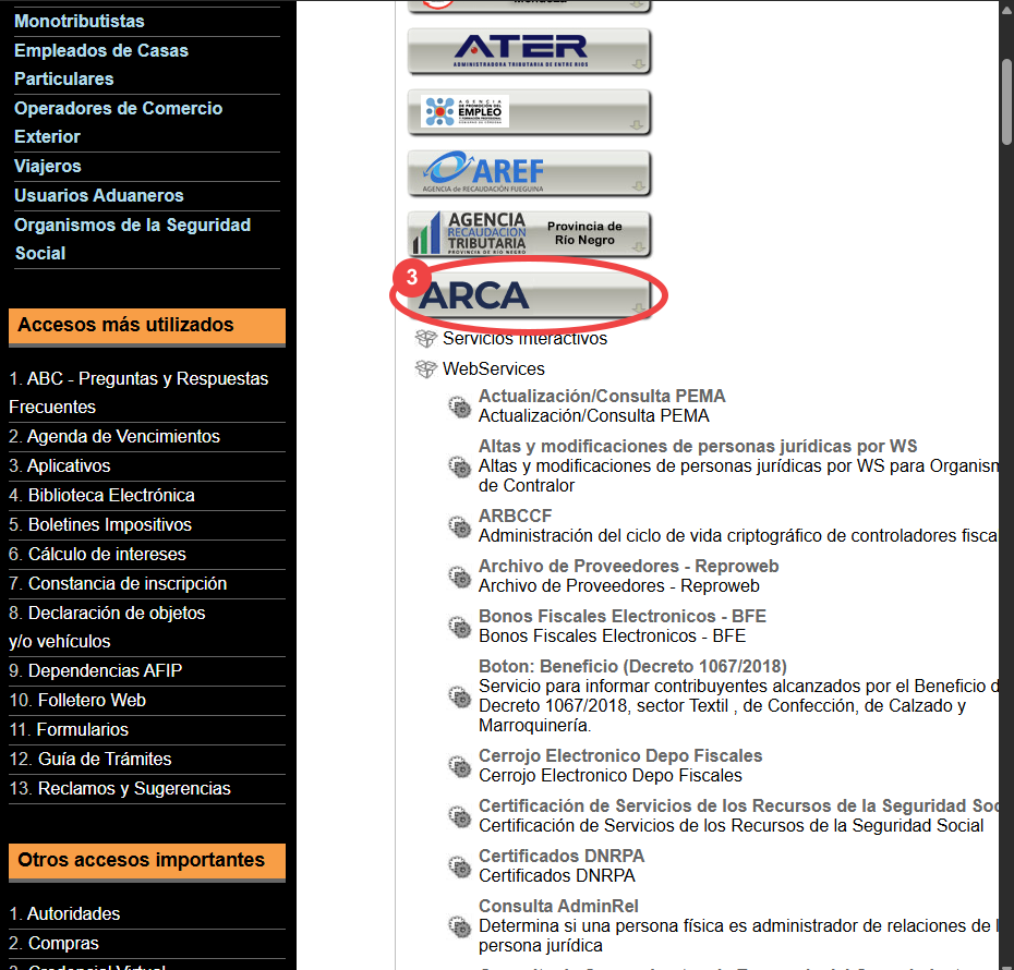 Árbol de servicios de Administrador de Relaciones con ARCA marcado