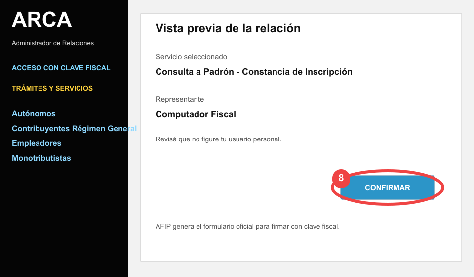 Vista previa de la relación de padrón con el botón Confirmar marcado