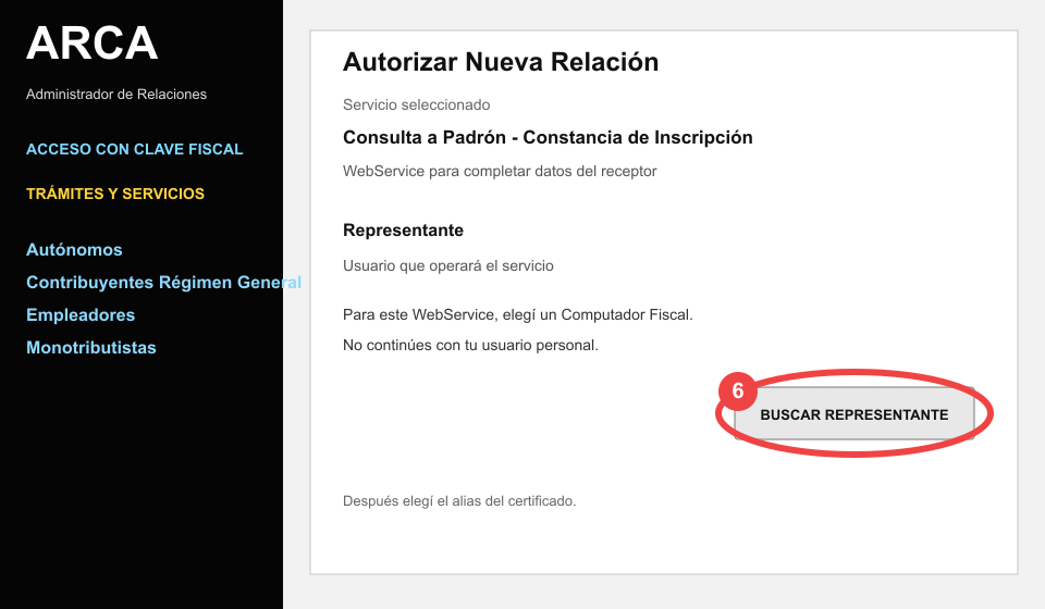 Administrador de Relaciones con Buscar representante marcado para el permiso de padrón