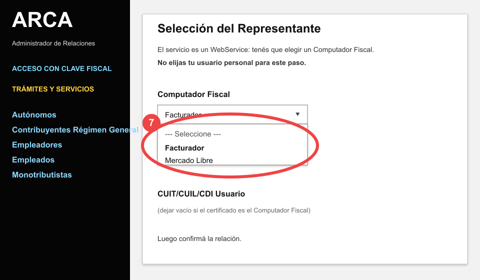 Selector Computador Fiscal marcado para el permiso de padrón